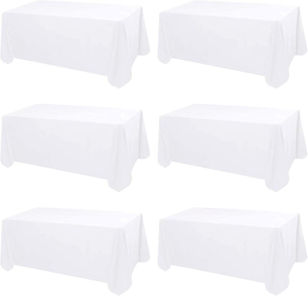 Kesfey 6 Packs White Polyester Table Cloths 90 x132 inch Rectangle High Density Tablecloth Fabric Tablecover for 6 Foot Tables Wrinkle Resistant Washable Table Cloth for Wedding Celebration Buffet