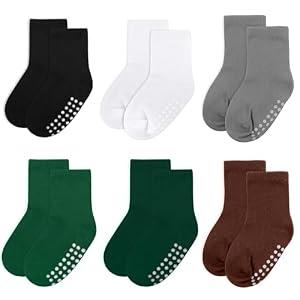 jealkip 6 Pack Baby Socks and Toddler Socks, Soft Cotton Crew Socks with Non-Slip Grips for Infants, Boys and Girls, 6-12 Months, (Black/ White/ Gray/ Green/ DarkGreen/ Maroon)