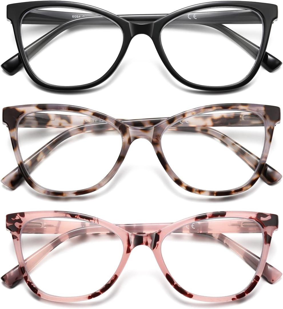 LKEYE Reading Glasses Women Cat Eye Blue Light Computer Readers Stylish Spring Hinge Designer Fashion Cute Eyeglasses  (Black,White Tortoiseshell,Pink Tortoiseshell), +0 Strength