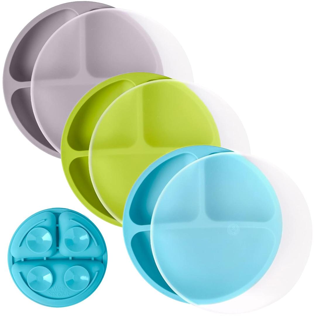 WeeSprout Suction Plates with Lids for Babies & Toddlers - 100% Silicone, Dinnerware Stays Put, Divided Design for Picky Eaters, Microwave & Dishwasher Friendly, 3 Pack (Bright Green, Blue & Grey)