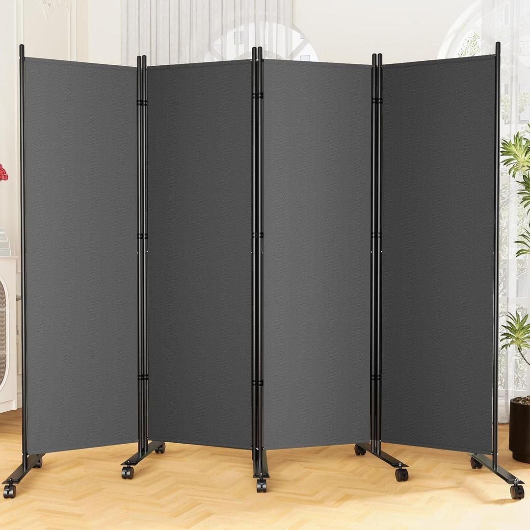 SUNALLY Room Divider 6FT Folding Privacy Screens with Lockable Wheels, 4 Panel Room Partition for Room Separator, 88" W Freestanding Portable Fabric Wall Dividers for Home Dorm Studio Office, Grey