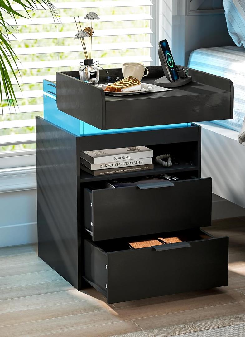 Black Nightstand with Charging Station, Hidden Sliding Top Compartment with USB-C, 2 USB Ports & 2 Outlets, Modern Night Stand with Drawers for Bedroom, 2 Drawer-Inside Charging