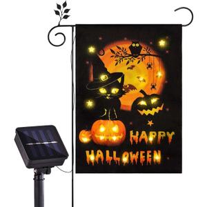 Solar Lighted Halloween Garden Flags Double Sided Burlap Cat Pumpkin Garden Flags for Garden Patio Lawn Outside Halloween Decorations Garden Decor
