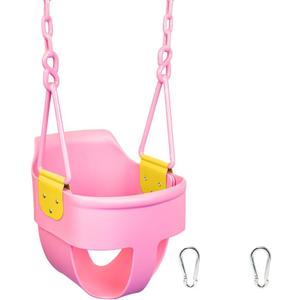 Premium High Back Full Bucket Toddler Swing Seat with Finger Grip, Plastic Coated Chains and Carabiners for Easy Install - Pink - Squirrel Products