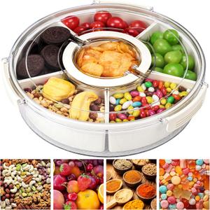 Snackle Box Container Divided Serving Tray with Lid, 6-Compartment Portable Spinning Round Stackable Container, Handle for Organize Veggies, Fruit, Candy, Party Snacks, Nuts, Kitchen Party Essentials
