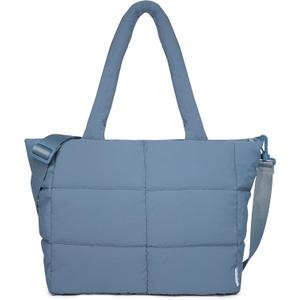 NOL Large Puffy Quilted Tote Bag for Women, Lightweight with Removable Strap & Zippered Compartments for Travel & Work (Dusty Blue)