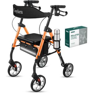 Cosydora Rollator Walkers for Seniors with Seat, 13.6 Lbs Ultra Lightweight Foldable Rolling Walker, 350Lbs Heavy Duty Aluminum, 8" All Terrain Wheels, Dual Adjustable Height, Light Orange