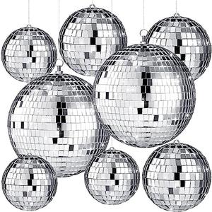 Haull 8 Pcs Large Disco Ball Set Silver Mirror Disco Reflective Ball with Hanging Ring Party Ornament Decoration for Stage Club Ballroom Dance Hall Wedding Prom Props(3'', 4'', 6'')