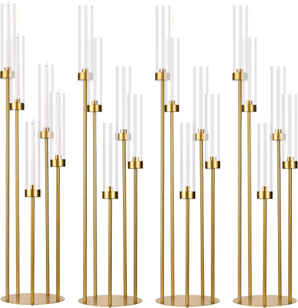 5 Arm Candelabra with Acrylic Lampshade Set of 4 Gold Candelabra for Wedding Table Birthday Party Home Decoration 39.4'' Candle Holder Fit LED Taper Candles