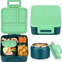 MAISON HUIS Kids Bento Lunch Box With 8oz Soup Thermo, Leakproof Lunch Containers with 5 Compartment, Thermo Insulated Hot Food Jar for School,Travel (Green)