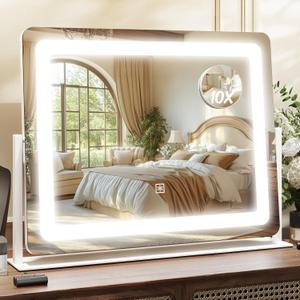17" x22" Vanity Mirror with Lights, LED Makeup Mirror with Lights, 10X Magnification Mirror Makeup with 360Rotation, 3 Color Modes Dimmable,Light up Makeup Mirror for Vanity Desk, White