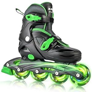 2PM SPORTS Inline Skates with Light Up Wheels, Roller Skates Blades for Boys Girls Kids , Size Adjustable Beginner Blades Roller Skates (Large - Youth (4Y-7Y US), Black & Green)