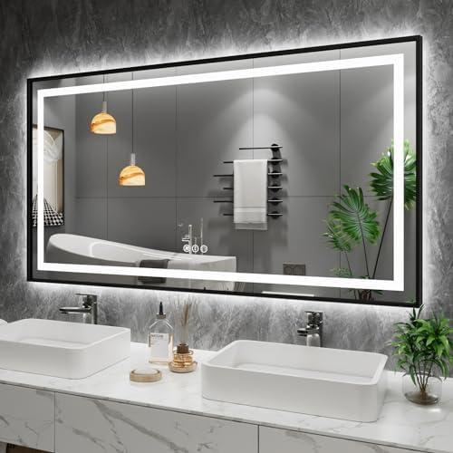 Amorho 50" X36" LED Bathroom Mirror with Black Frame, Front Light and Backlit, Stepless Dimmable, Anti-Fog, Shatter-Proof, Memory, 3 Colors, Double LED Vanity Mirror