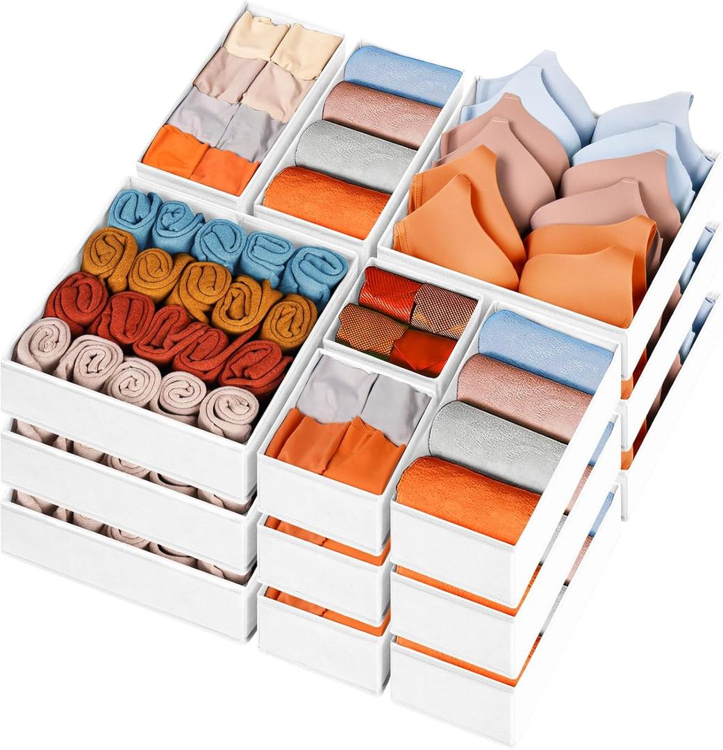 Criusia Drawer Organizer Clothes, 15 Pack Dresser Organizer for Baby Clothes, Underwear, Sock- Foldable Closet Organization and Storage Dividers Bins for Nursery, Bedroom (Beige)