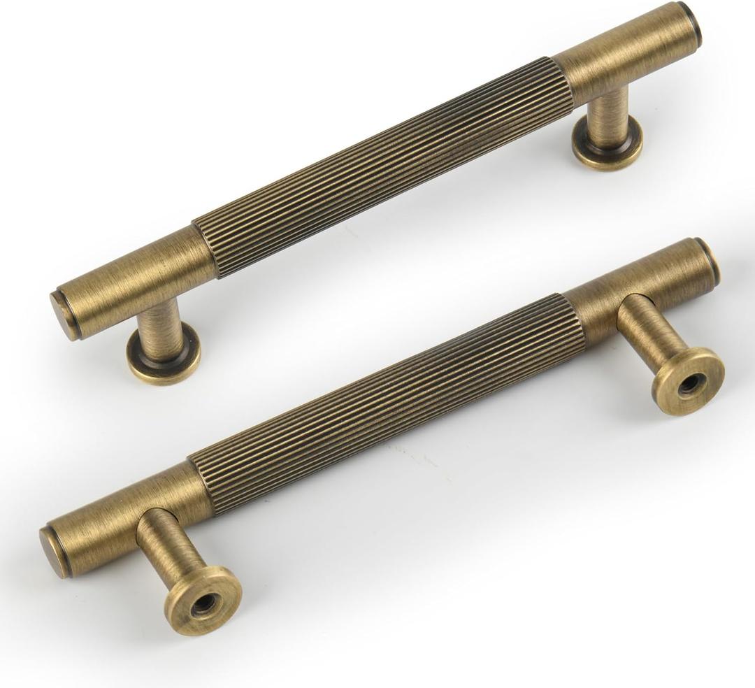 5 Pack Antique Brass Kitchen Cabinet Pulls, 3-3/4 Inch Solid Brass Dresser Drawer Handles Modern Door Pulls for Cupborard Wardrobe Closet Vanity Furniture Hardware