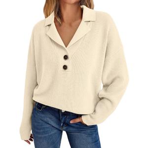 LILLUSORY Womens V Neck Pullover Sweaters Casual Cable Knit Chunky Warm Cute Tops with Collar Polo (Medium, Apricot)