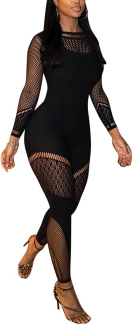 VOIKERDR Black Jumpsuit for Women Sexy Bodycon Mesh Hollow One Piece Jumpsuit See Through Romper Trendy (One Size)