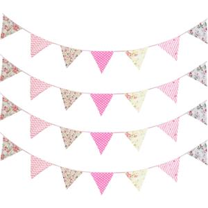 Zwiebeco 32Ft Pink Floral Fabric Bunting Triangle Flags Cotton Flower Pennant Banner Decoration for Birthday Wedding Engagement Baby Shower Tea Party Spring Rustic Village Home Garden Decor
