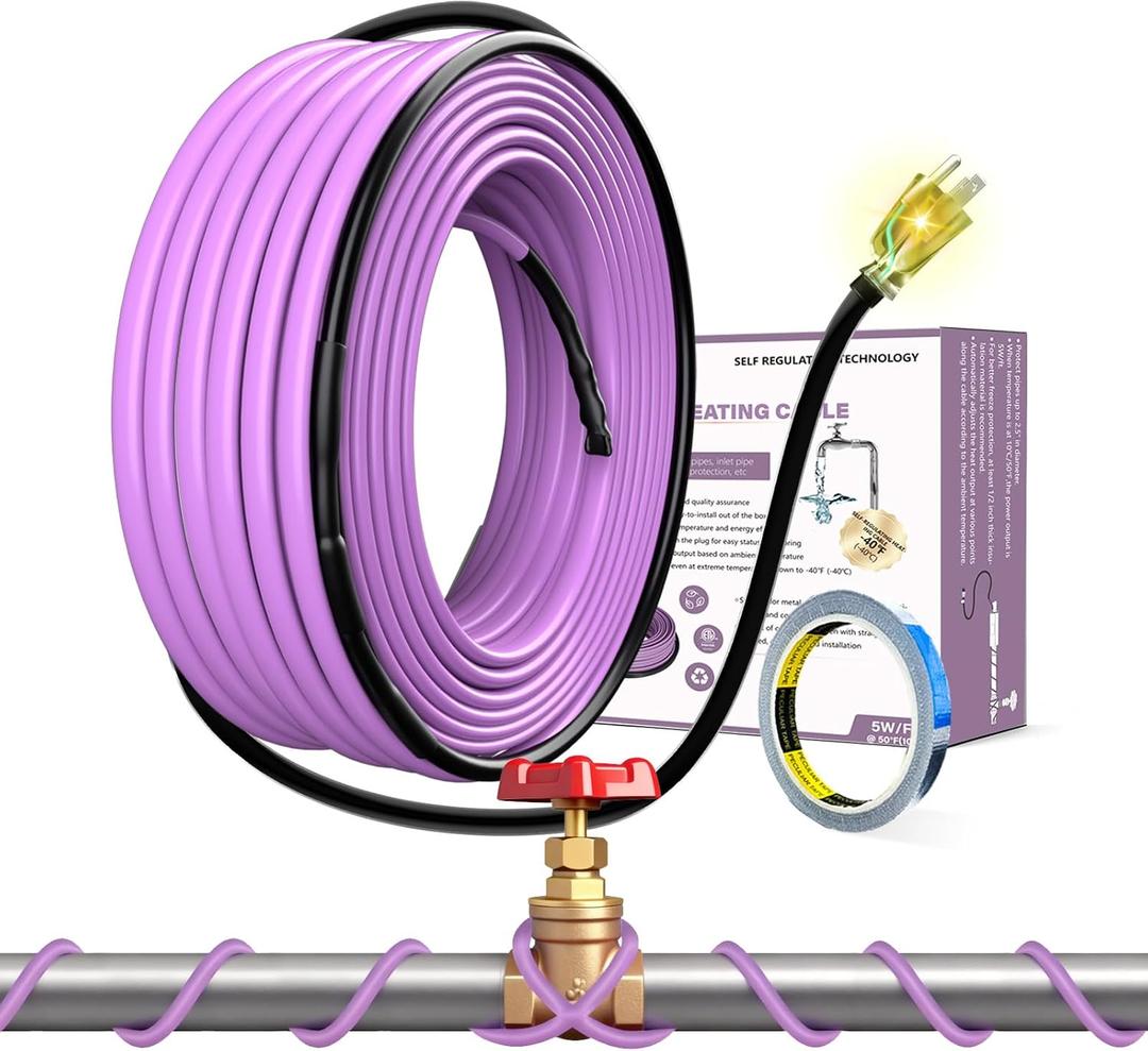 Heat Tape for Water Pipes Self-Regulating Heating Cable 5FT | Automatically adjusts heat output to help prevent frozen metal and plastic pipes while reducing energy use.
