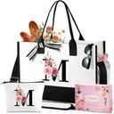 TRSODD Birthday Gifts for Women Mothers Day Gifts for Mom Wife Grandma Daughter Sister Teacher Appreciation Gifts Initial Tote Bag with Adjustable Shoulder Strap and Makeup Bag M