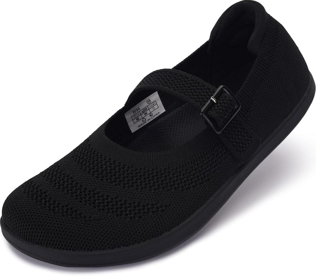WHITIN Women's Barefoot Mary Jane Flats + Wide Toe Box + Zero Drop Sole + Adjustable Straps (5.5, W94 | Black)