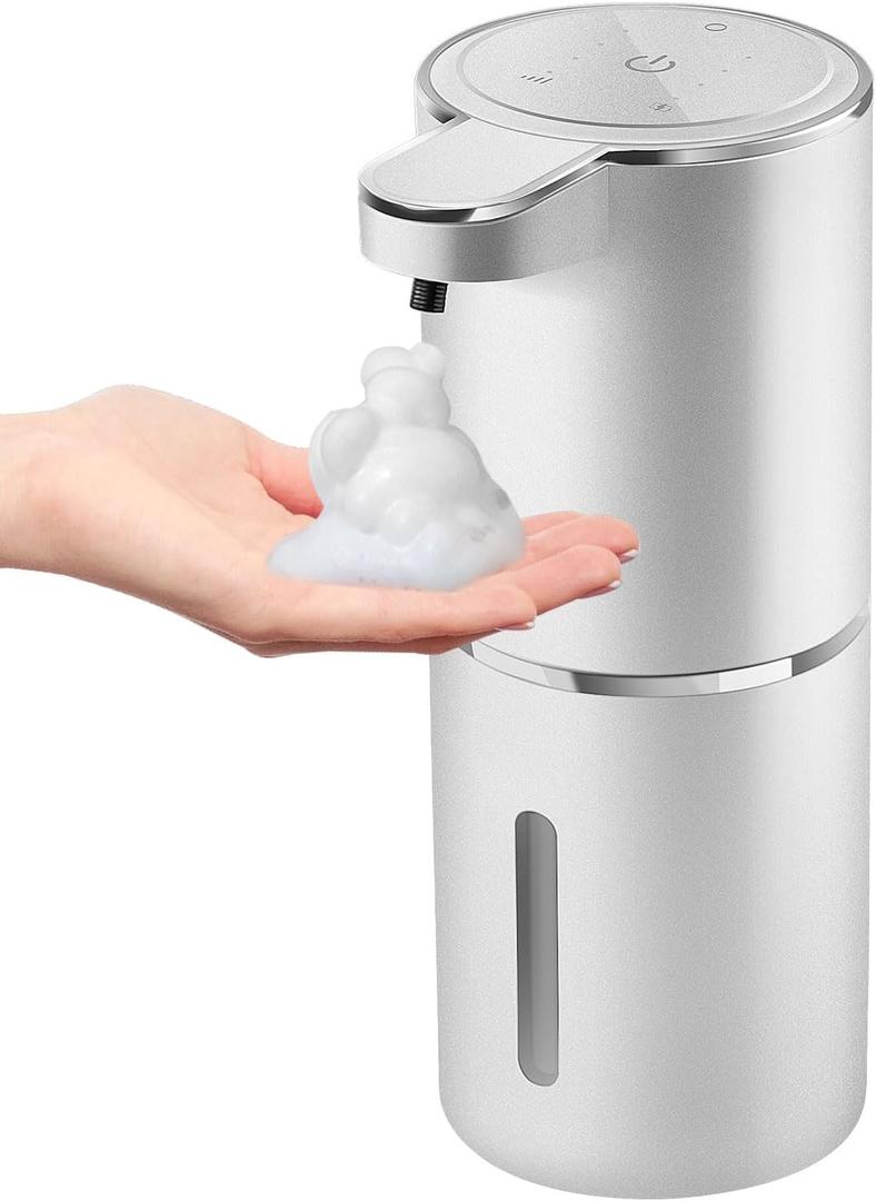 Automatic Foaming Soap Dispenser,4-Level Adjustable Foam, Wall Mount, USB Rechargeable,12.8oz/ 380ml,Touchless Hand & Dish Soap Dispenser for Bathroom, Kitchen,Hotel, Restaurant (Silvery)