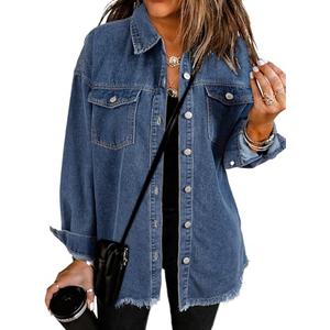 Dokotoo Jean Jacket Women Spring Fall Country Concert Outfits Casual Long Sleeve Denim Shirt Distressed Boyfriend Denim Jacket Shackets Western Jean Jacket Womens Clothing Classic Blue Jackets, M