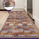 DEXI Hallway Runner Rug, 2x5 Distressed Non Slip Runners Carpet, Boho Vintage Soft Thin Indoor Rug, Stain Resistant Washable Entry Mat for Entryway Kitchen Laundry Room Living Room, Brown Blue