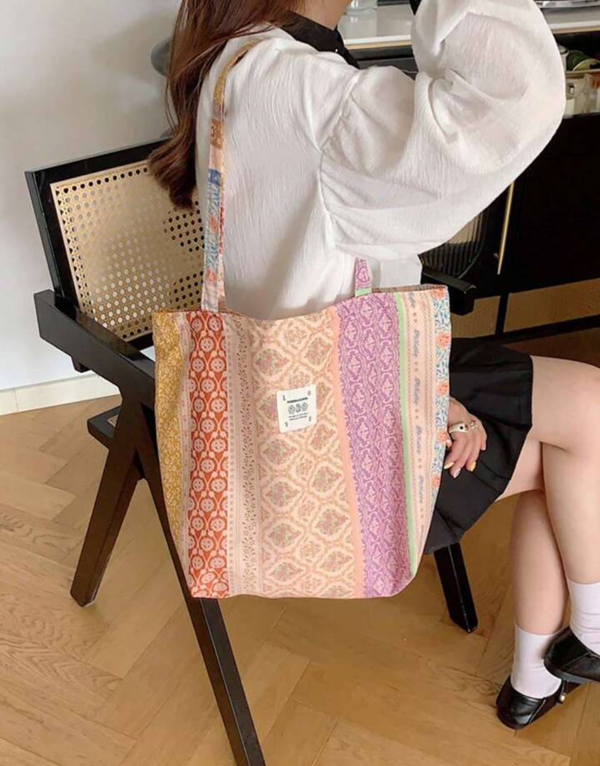 1pc Small Fresh Striped Shoulder Bag Handbag Large Capacity Fashionable Floral Canvas Shoulder Bag Portable Female Student Shopping Bag New Floral Handbag Beach Travel Shopping Essential Suitable For Students Commuting Ladies Vacation Wear Fashionabl