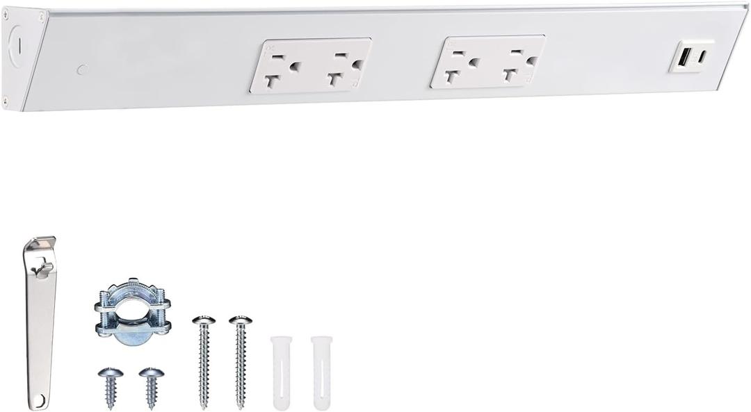 24inch Hardwired Power Strip with 4 Tamper Resistant Outlets and 2 Type A USB, White