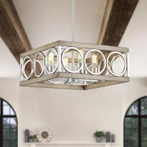XINGQI Modern Chandelier Square 4-Light, Farmhouse Pendant Lighting Fixture for Dining Room Living Room Bedroom Kitchen Island,Antique Wood Grain+Brushed Nickel Metal Ceiling Lamp