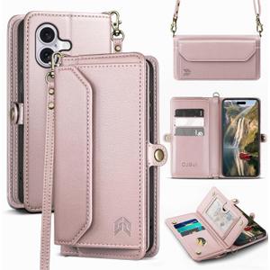 DJBull for iPhone 16 6.1" Wallet Case with Card Holder, Shoulder and Wristlet Straps, Soft PU Leather, Magnetic Snap, Flip Phone Case for Women Men for Apple 16 Rose Gold