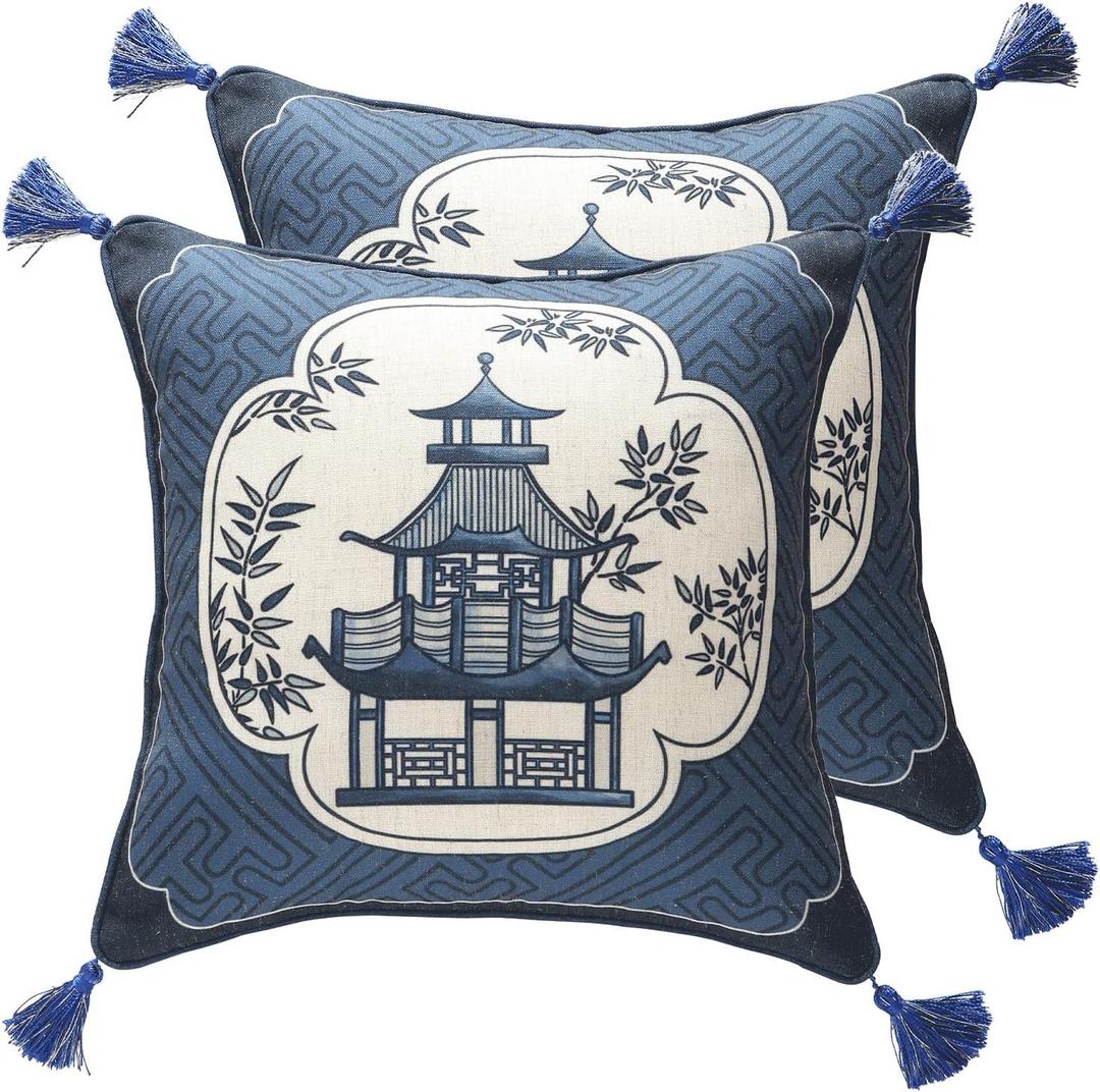 bilin gaier Chinoiserie Throw Pillow Covers Set of 2,Classic Chinoiserie Blue and White with Pavilion Pattern Linen Throw Pillowcases,Decorative Square Cushion Covers for Couch Bed Car,18x18 Inches