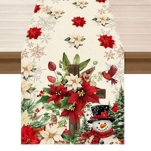 XCHI Snowman Poinsettia Christmas Winter Cross Xmas Table Runner Table Decoration for Party Home Kitchen Dining Holiday Decor 13x36 Inch