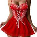 Lilosy Sexy Garter Belt Mesh Lace Babydoll Lingerie Dress Set with Thong (XX-Large, Lace Bright Red)
