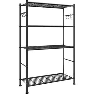 Storage Shelves - 4-Tier Spacious Shelf Organizer with Hooks & Leveling Feet, Easy to Assemble, Rust-Resistant Garage Shelving for Kitchen, Pantry, Bedroom, 33.2" x 12.7" x 57.3", Black