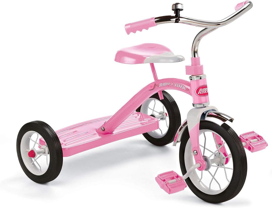 Radio Flyer Classic Pink Tricycle, for Ages 2-4, 10" Front Wheel, Bell | Steel Frame, Adjustable Seat, Rubber Tires, Chrome Details, Rear Step, Controlled Turning Radius, Tricycle for Toddlers