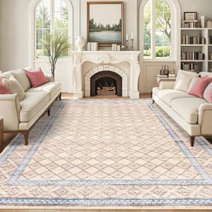 GarveeHome Large Dining Room Rugs 5X7 Bordered Accent Rugs with Non-Slip Backing, Stain-Resistant Vintage Floor Carpet, Washable Low Pile Indoor Mat for Living Room, Office, Beige