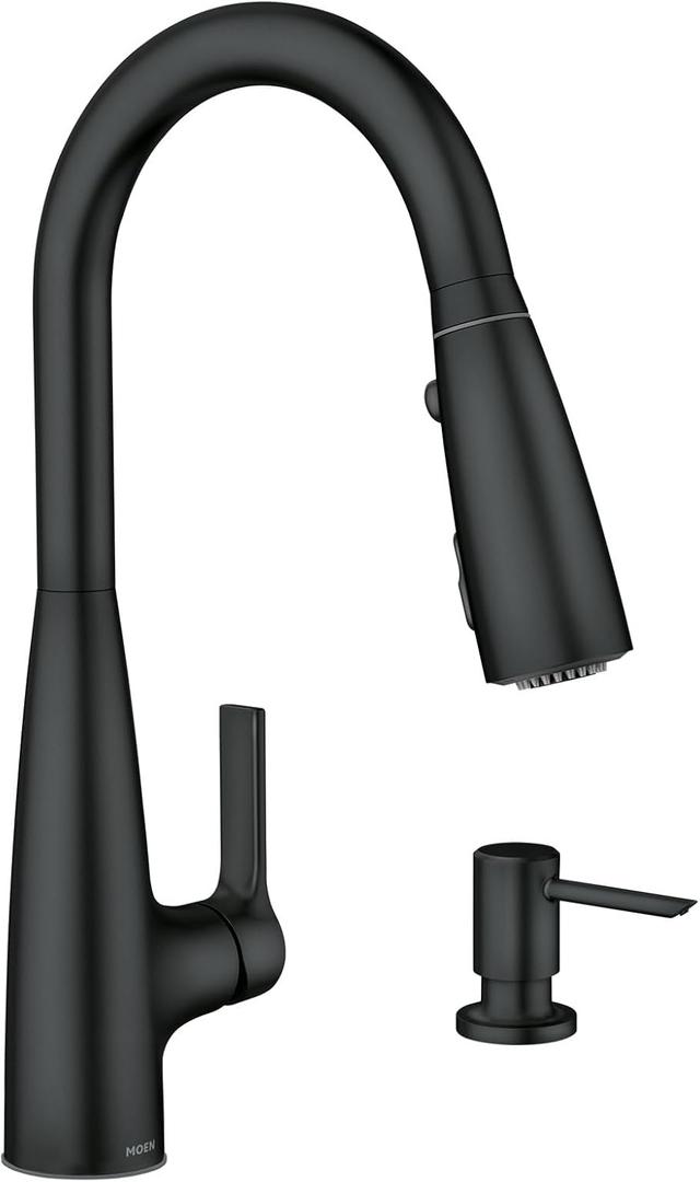 Moen 87627EIBL Haelyn Matte Black Single-Handle Pull-Down Kitchen Faucet with LED Light Colorcue Temperature Indicator and Soap Dispenser