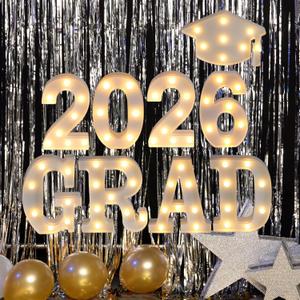 Graduation Party Decorations 2026, 8 LED Long Marquee Light Up Letters 'Grad 2026' and 1 'Doctorial hat' - Graduation Party Decor for Preschool High School College