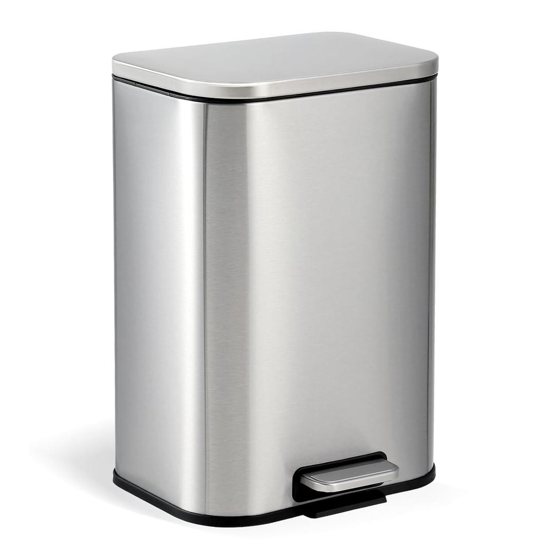 Garvee 3.2 Gallon Trash Can for Kitchen, Stainless Steel Step Trash Can with Soft-Close Lid & Removable Inner Bucket, Rectangular Garbage Can for Office Bathroom Living Room, Silver