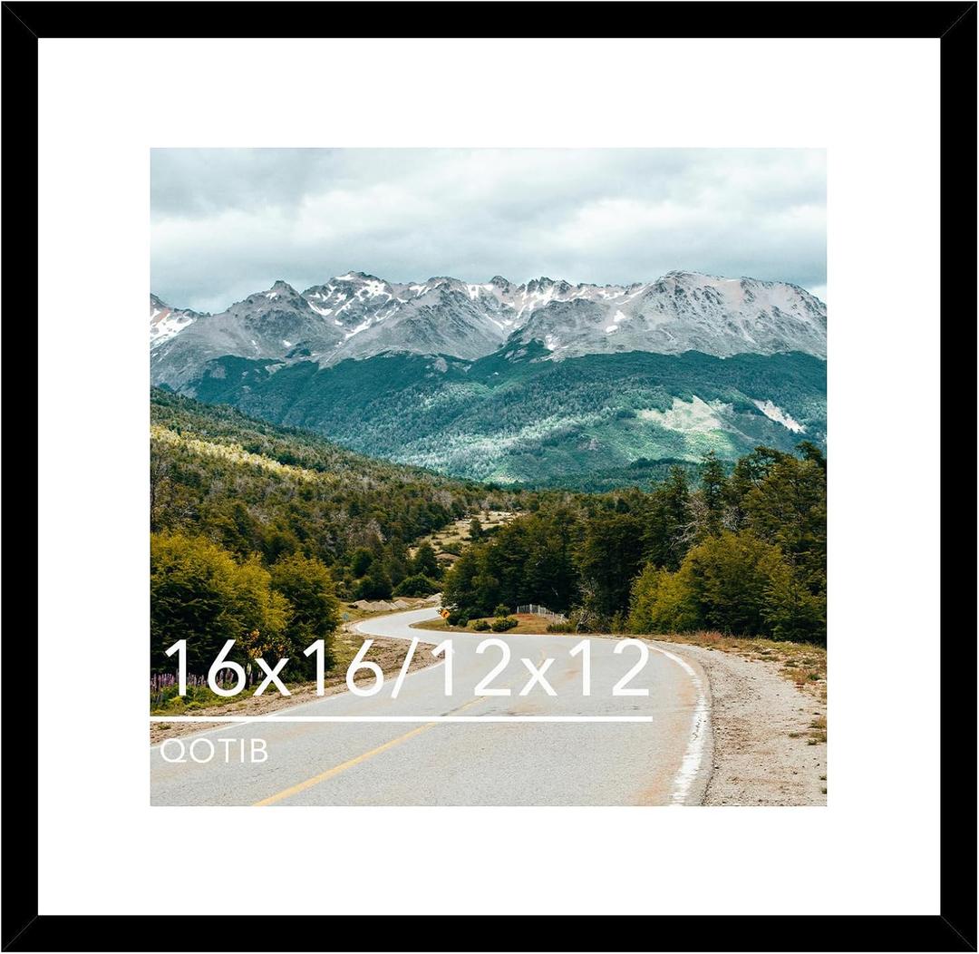 Wood 16x16 Picture Frame with 12x12 Mat Black, Display 12x12 with Mat or 16x16 without Mat, Wood 16 by 16 Photo Frame, 16 x 16 Frame for Wall Hanging Display, Black
