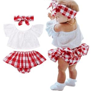 LXXIASHI 3PCS Baby Girl Summer Outfits Cold Shoulder Lace Crops Top + Plaid Skirts Bloomer Shorts + Headband Sets (6-12 Months, White Red)