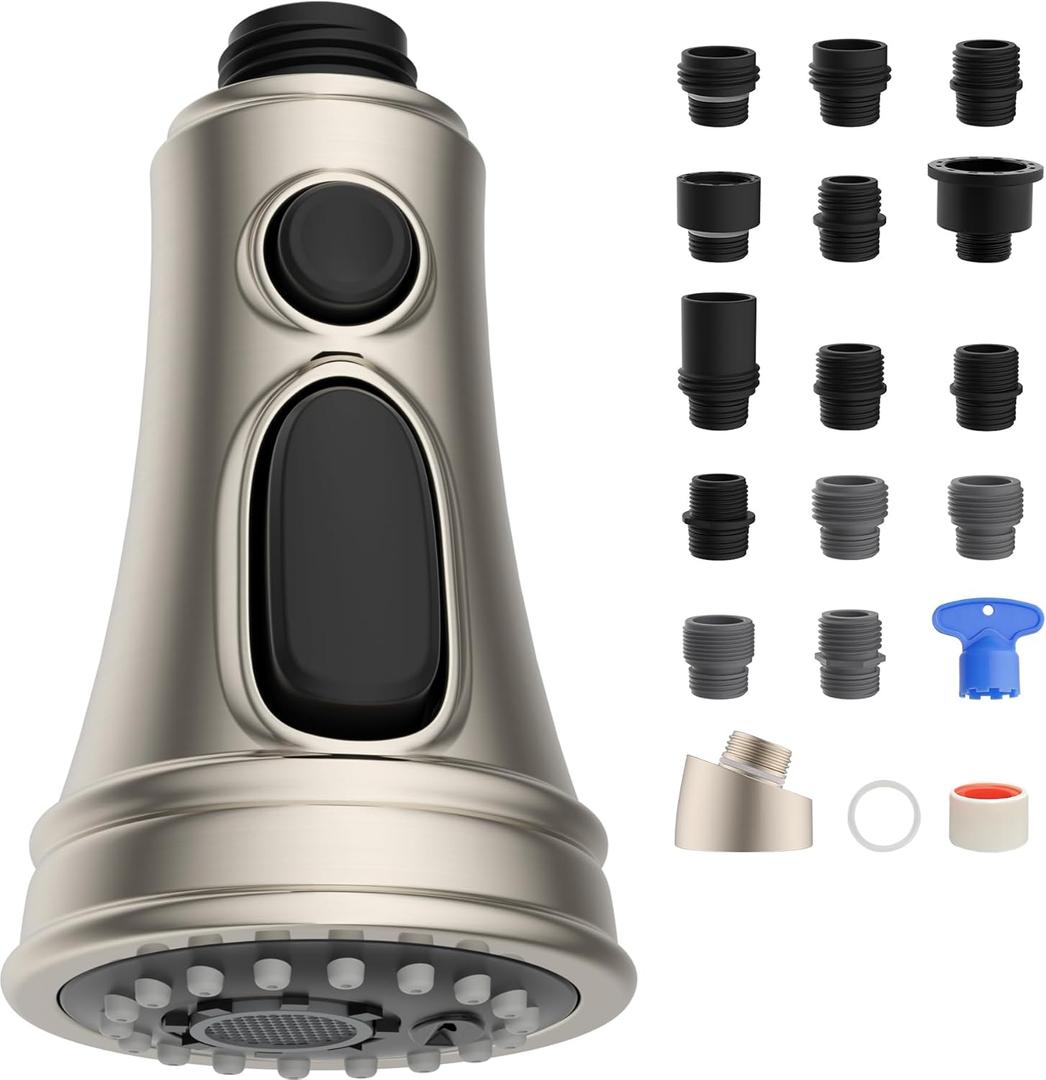 Hibbent Kitchen Faucet Head Replacement, NSF/ANSI/CAN 61 & CUPC Certified, 3 Function Pull Down Faucet Spray Nozzle-15 Adapters Compatible with Moen, American Standard, Delta, Kohler - Brushed Nickel