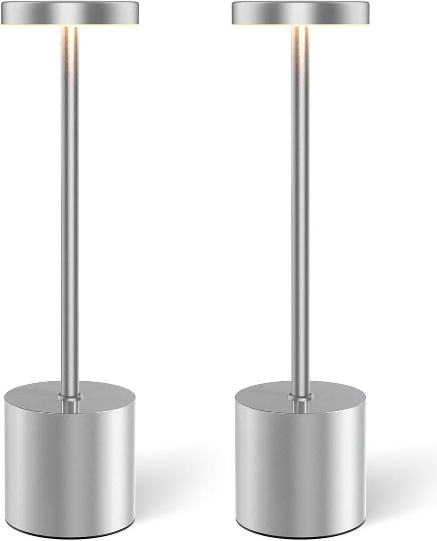 Silver Cordless Table Lamp Rechargeable - 2 Pack 5000mAH Battery Operated Lamp for Counter, 3 Color Stepless Dimming Waterproof LED Wireless Lamp for Dining Kitchen, Outdoor Patio, Touch Control