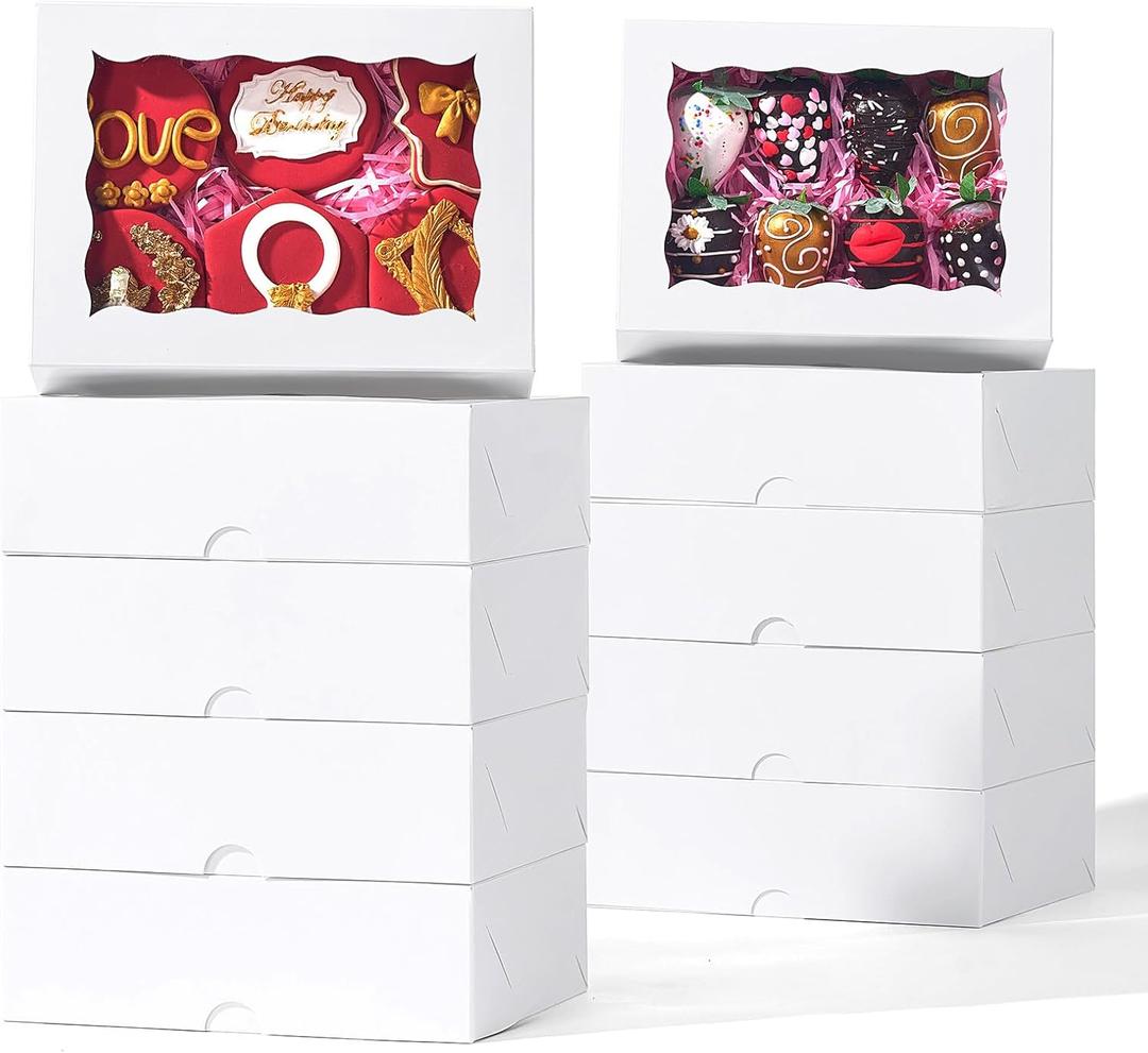 50 Pack 8x6x2.5 Inch White Bakery Boxes with Window, Pastry Box for Chocolate Strawberries, Macarons, Truffles, Ideal for Valentine's Day, Mother's Day, Christmas Party Favors & Holiday