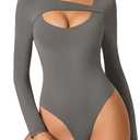 Avidlove Women Long Sleeve Bodysuit Scoop Neck Cutout Thong Body Suits Double Lined Slim Fitted Leotard Going Out Tops (Large, Dark Grey)