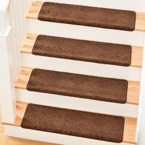 MBIGM Bullnose Non-Slip Stair Treads w/Reusable Adhesive 14 Pack 9.5" x 30" Wooden Steps Protection - TPU Backing with Steel Reinforcement - Anti-Slip Solution Basketweave Brown Non Slip Stair Tread