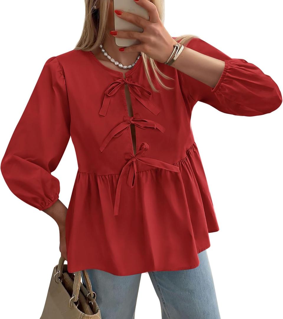 PRETTYGARDEN Women's Babydoll Tops 2025 Spring Trendy 3/4 Length Puff Sleeve Bow Tie Front Cute Peplum Blouses Shirts (Medium, Red)