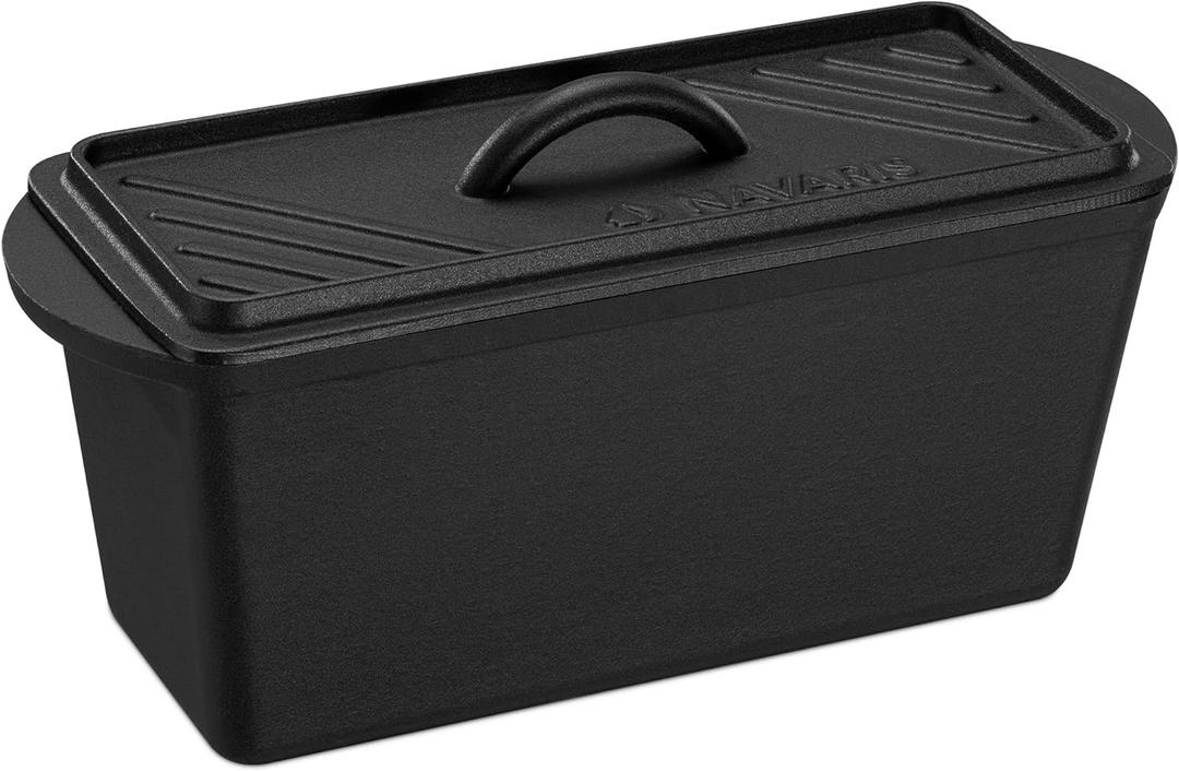 Navaris Long Bread Pan - Cast Iron Bread Loaf Pan with Lid for Homemade Sourdough Baking - 2 in 1 Cast Iron Loaf Pans - Covered Sour Dough Sandwich Baker - Dutch Oven Bakeware Set, Black